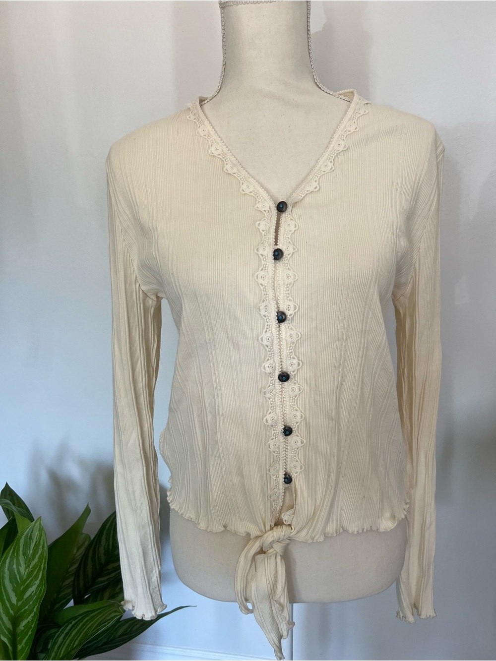 Shyanne Cream Long Sleeve Lace-Trim Button Tie Front Top